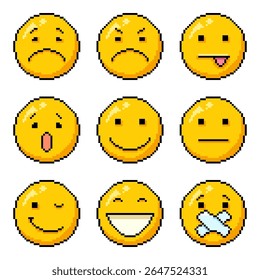 Vector Set of Pixel Art Yellow Emoticons on White Background