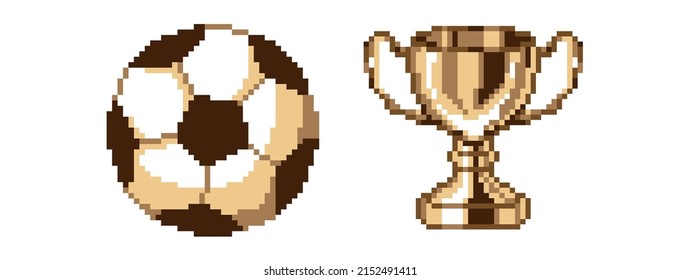 Vector set of pixel beige soccer illustrations on a white background. Sport ball and cup trophy. Retro bit game art style
