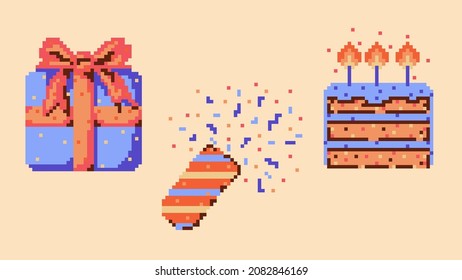 Vector set of pixel Birthday illustrations. Piece of cake with candles, confetti and gift box with a bow. Holiday, party, greetings, celebration. Retro game art style