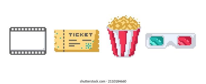 Vector set of pixel cinema isolated illustrations on a white background. Grey movie film frame. Paper ticket with a control line. Striped bucket filled with popcorn. 3D stereo glasses. 8 bit retro art