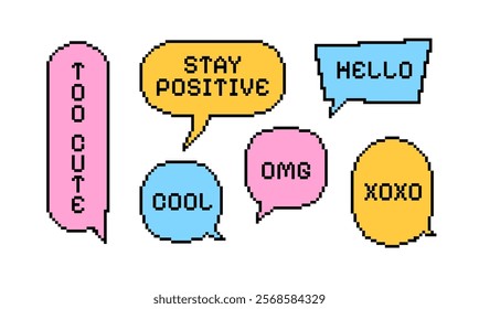 Vector Set of pixel colorful speech bubbles of different shapes. Message clouds. Bright chat frame icons. 8-bit retro areas with text. Game dialogs. Isolated background. Illustration.