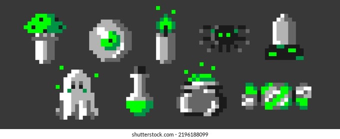 Vector set of pixel different Halloween symbol on a grey background. Acid green. Retro 8 bit game art style. Scary holiday october collection