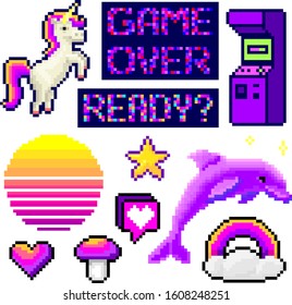 vector set of pixel elements in vaporwave style, for posters, creating retro covers, for games, for advertising