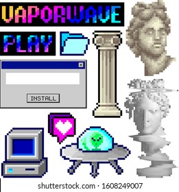 vector set of pixel elements in vaporwave style, for posters, creating retro covers, for games, for advertising