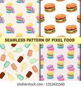 Vector set of pixel food. Pixel art seamless pattern. 8 bit. Set for cards, posters, banners, wrapping paper. 