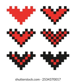 Vector conjunto de iconos de corazón de píxeles aislados sobre un fondo blanco. Estilo retro geométrico de moda