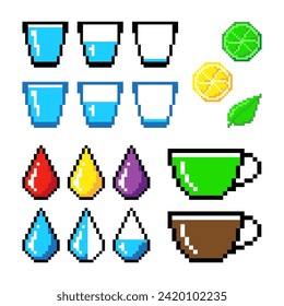 vector set of pixel icons for ordinary drinks and liquids