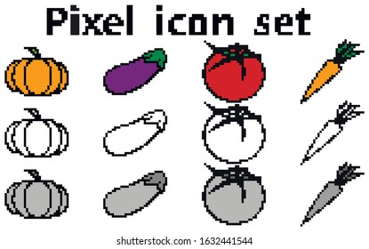 Vector set of pixel icons. Vegetable pixel icons. Colorful, outlines and greyscale pixel icons.