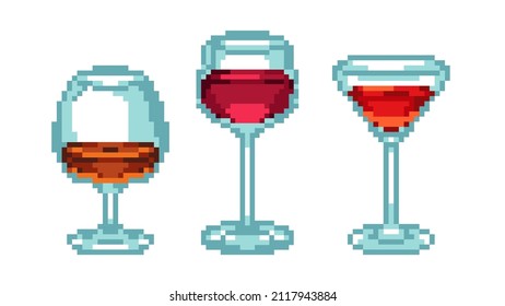 Conjunto vectorial de ilustraciones de gafas de alcohol aisladas en píxeles. Fondo blanco. Cognac. Vino rojo. Cóctel. Sencilla colección de estilo de arte retro de 8 bits. Decoración del restaurante del bar