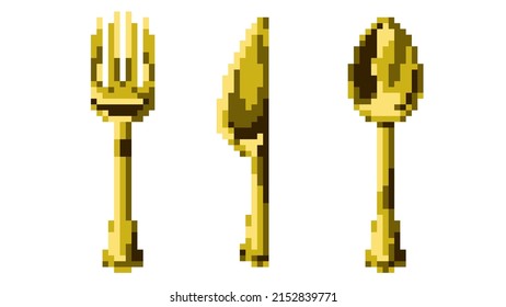Vector set of pixel isolated golden cutlery illustrations. White background. Retro game bit art style
