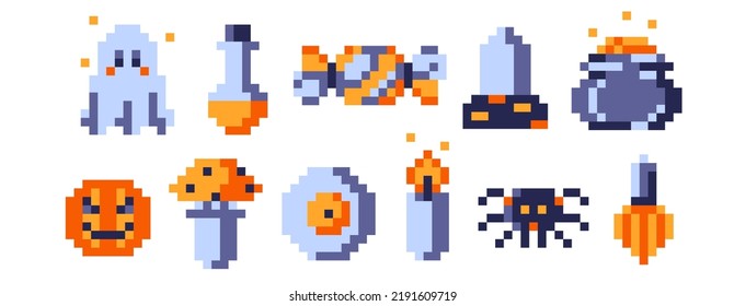 Vector set of pixel isolated Halloween illustrations on a white background. Retro bit game art style collection