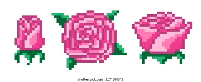 Vector set of pixel isolated illustrations of different pink roses. White background. Retro 8 bit game art style