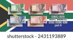 Vector set of pixel mosaic banknotes of South Africa. Collection of notes in denominations of 10, 20, 50, 100 and 200 rands. Obverse and reverse. Play money or flyers. Part 2