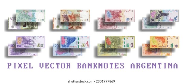 Vector set of pixel mosaic banknotes. Bills in denominations of 5, 10, 20, 50, 100, 200, 500 and 1000 Argentine pesos.