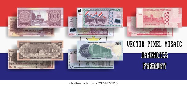 Vector set of pixel mosaic banknotes of Paraguay. Collection of bills in denominations of 1000, 2000, 5000, 10000 and 20000 guaranies. Play money or flyers.