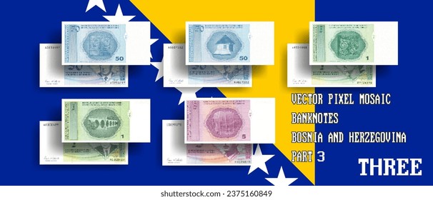 Vector set of pixel mosaic banknotes of Bosnia and Herzegovina. Collection of bills in denominations of 50 pfennigs, 1 and 5 convertible marks. Play money or flyers. Part 3