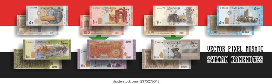 Vector set of pixel mosaic banknotes of Syria. Collection of bills in denominations of 50, 100, 200, 500, 1000, 2000 and 5000 Syrian pounds. Play money or flyers.