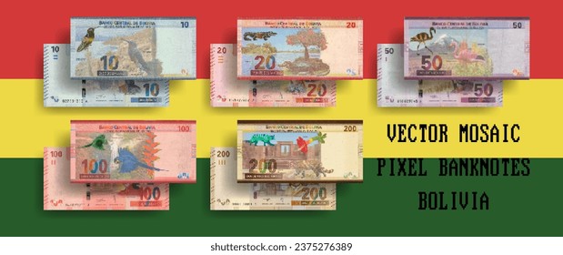 Conjunto vectorial de billetes de mosaico de píxeles de Bolivia. Colección de billetes en las denominaciones de 10, 20, 50, 100 y 200 bolivianos. Juega dinero o volantes.