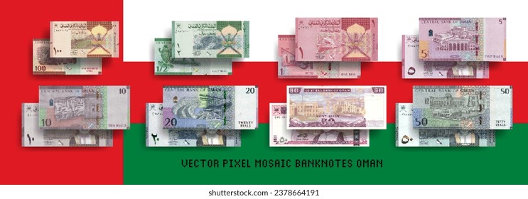 Vector set of pixel mosaic banknotes of Oman. Collection of bills in denominations of 100 baisa, half rial, 1, 5, 10, 20 and 50 rials. Play money or flyers.