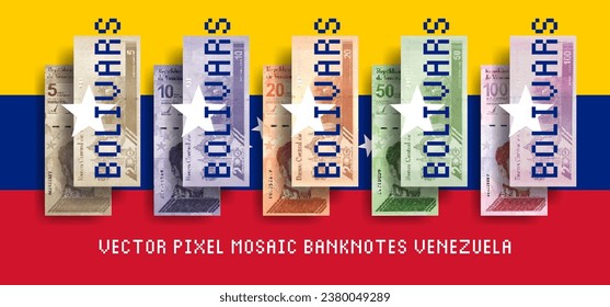 Vector set of pixel mosaic banknotes of Venezuela. Collection of bills in denominations of 5, 10, 20, 50 and 100 venezuelan bolivars. Play money or flyers.