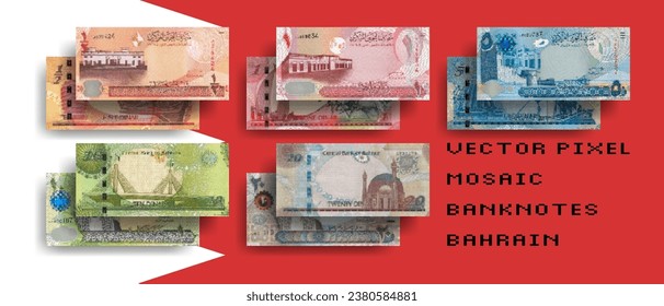 Conjunto de vectores de billetes de mosaico de píxeles de Bahréin. Recaudación de billetes en denominaciones de medio dinar, 1, 5, 10 y 20 dinares bahreiníes. Juega dinero o volantes.