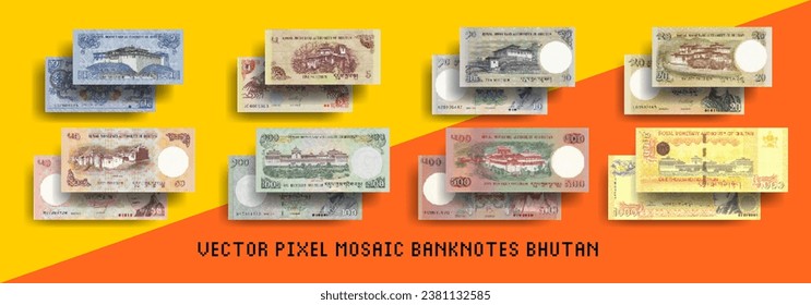 Vector set of pixel mosaic banknotes of Bhutan. Collection of bills in denominations of 1, 5, 10, 20, 50, 100, 500 and 1000 ngultrum. Play money or flyers.