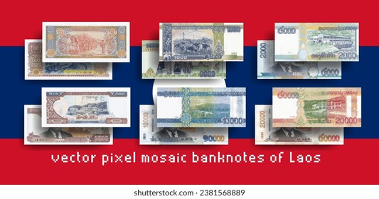 Vector set of pixel mosaic banknotes of Laos. Collection of bills in denominations of 500, 1000, 2000, 5000, 10000 and 20000 kip. Play money or flyers.