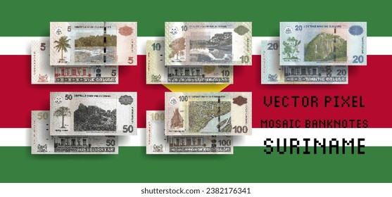 Vector set of pixel mosaic banknotes of Suriname. Collection of bills in denominations of 5, 10, 20, 50 and 100 dollars. Play money or flyers.