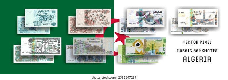 Vector set of pixel mosaic banknotes of Algeria. Collection of bills in denominations of 100, 200, 500, 1000 and 2000 Algerian dinars. Play money or flyers.