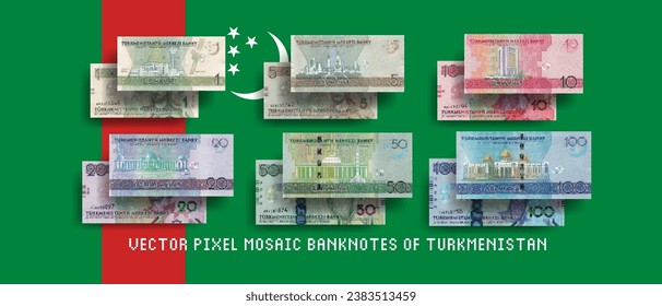 Vector set of pixel mosaic banknotes of Turkmenistan. Collection of bills in denominations of 1, 5, 10, 20, 50 and 100 manats. Play money or flyers.