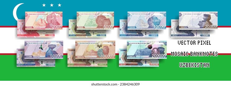 Vector set of pixel mosaic banknotes of Uzbekistan. Collection of bills in denominations of 2000, 5000, 10000, 20000, 50000, 100000 and 200000 sum. Play money or flyers.