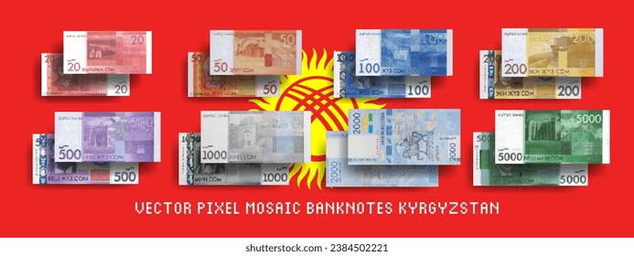 Vector set of pixel mosaic banknotes of Kyrgyzstan. Collection of bills in denominations of 20, 50, 100, 200, 500, 1000, 2000 and 5000 soms. Play money or flyers.