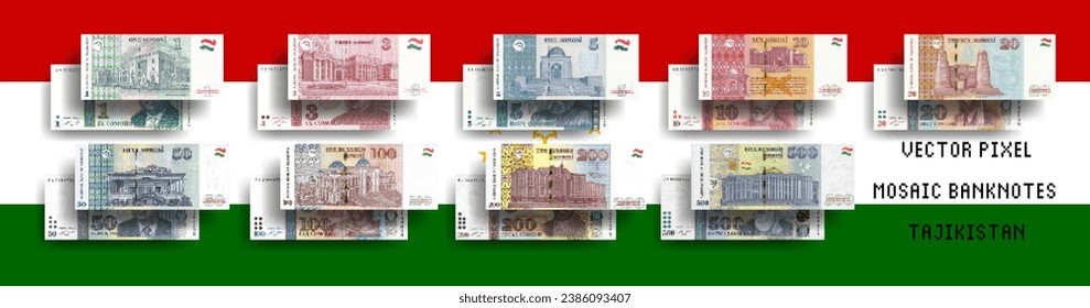 Vector set of pixel mosaic banknotes of Tajikistan. Collection of bills in denominations of 1, 3, 5, 10, 20, 50, 100, 200 and 500 somoni. Play money or flyers.