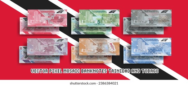 Vector set of pixel mosaic banknotes of Trinidad and Tobago. Collection of bills in denominations of 1, 5, 10, 20, 50 and 100 dollars. Play money or flyers.