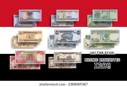 Vector set of pixel mosaic banknotes of Iraq. Collection of bills in denominations of 50, 250, 500, 1000, 5000, 10000, 25000 and 50000 Iraqi dinars. Play money or flyers. svg