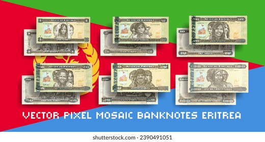 Vector set of pixel mosaic banknotes of Eritrea. Collection of bills in denominations of 1, 5, 10, 20, 50 and 100 Eritrean nakfa. Obverse and reverse. Play money or flyers.