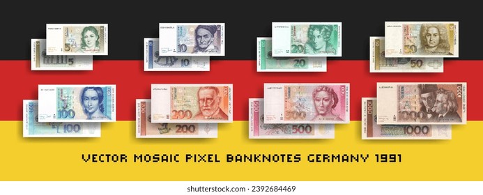 Vector set of pixel mosaic banknotes of the Federal Republic of Germany.  Сollection of bills in denominations of DM 5, 10, 20, 50, 100, 200, 500 and 1000. Obverse and reverse. Play money or flyers.