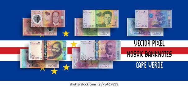 Vector set of pixel mosaic banknotes of Cape Verde. Collection of bills in denominations of 200, 500, 1000, 2000 and 5000 escudos. Obverse and reverse. Play money or flyers.