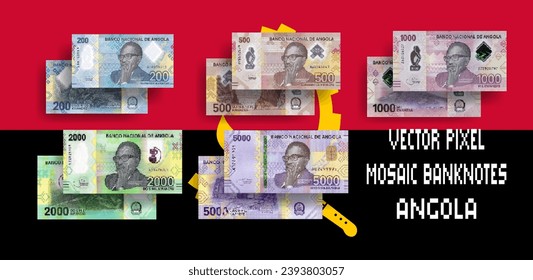 Vector set of pixel mosaic banknotes of Angola. Collection of 200, 500, 1000, 2000 and 5000 kwanzaa bills. Obverse and reverse. Play money or flyers.