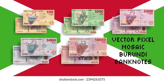 Vector set of pixel mosaic banknotes of Burundi. Collection of bills in denominations of 500, 1000, 2000, 5000 and 10000 francs. Obverse and reverse. Play money or flyers.