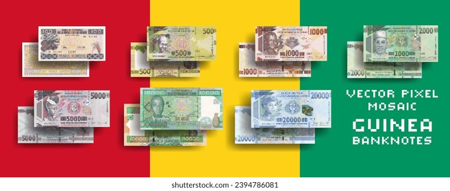 Vector set of pixel mosaic banknotes of Guinea. Collection of notes in denominations of 100, 500, 1000, 2000, 5000 and 10000 francs. Overs and reverses. Play money or flyers.