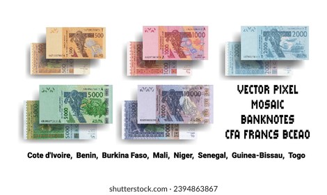 Vector set of pixel mosaic banknotes of eight countries, West African CFA franc BCEAO. Collection of notes in denominations of 500, 1000, 2000, 5000 and 10000 CFA francs. Play money or flyers.