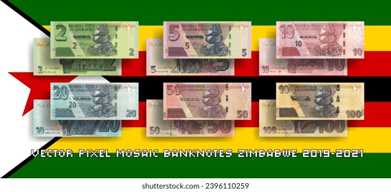 Vector set of pixel mosaic banknotes of Zimbabwe. Collection of notes in denominations of 2, 5, 10, 20, 50 and 100 Zimbabwean dollars. Obverse and reverse. Play money or flyers.