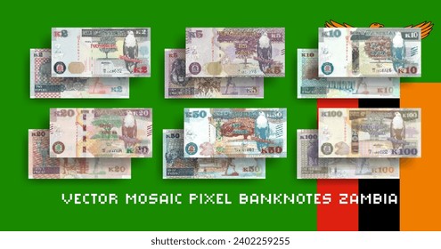 Vector set of pixel mosaic banknotes of Zambia. Collection of notes in denominations of 2, 5, 10, 20, 50 and 100 kwacha. Obverse and reverse. Play money or flyers.