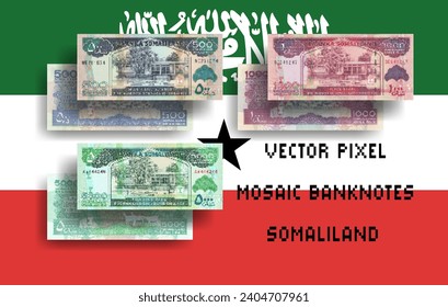 Vector set of pixel mosaic banknotes of Somaliland. Collection of 500, 1000 and 5000 shilling notes. Obverse and reverse. Play money or flyers.