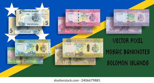 Conjunto vectorial de billetes en mosaico de píxeles de las Islas Salomón. Cobro de billetes de 5, 10, 20, 50 y 100 dólares. Inverso e inverso. Juega dinero o volantes.