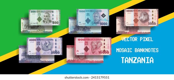 Vector set of pixel mosaic banknotes of Tanzania. Collection of notes in denominations of 500, 1000, 2000, 5000 and 10000 shillings. Obverse and reverse. Play money or flyers.