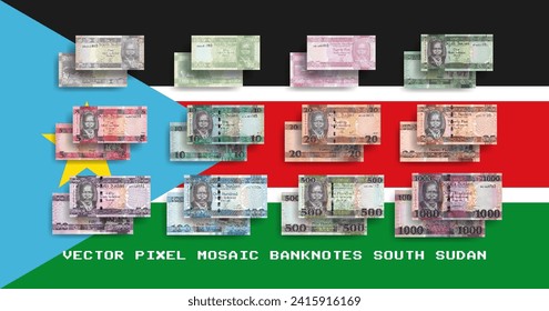 Vector set of pixel mosaic banknotes of South Sudan. Collection of notes in denominations of 5, 10 and 25 piastres. 1, 5, 10, 20, 25, 50, 100, 500 and 1000 pounds. Play money or flyers.