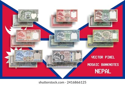 Vector set of pixel mosaic banknotes of Nepal. Collection of notes in denominations of 2, 5, 10, 20, 50, 100, 500 and 1000 rupees. Obverse and reverse. Play money or flyers.