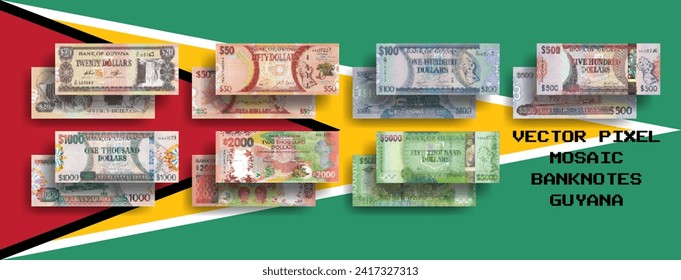 Vector set of pixel mosaic banknotes of Guyana. Collection of notes in denominations of 20, 50, 100, 500, 1000, 2000 and 5000 dollars. Obverse and reverse. Play money or flyers.